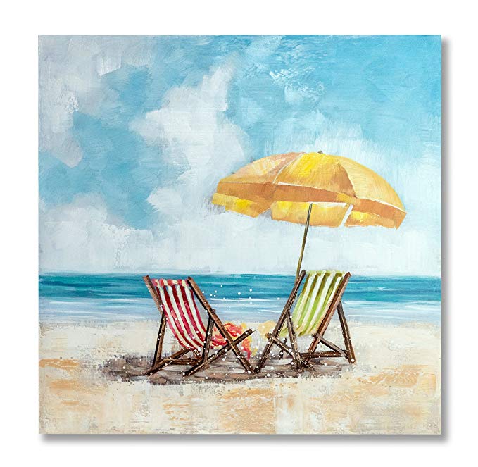 In Liu Of | Modern Oil Painting on Canvas “Treasured Views” (Beach Chairs and Umbrella) Stylized Fine Acrylic, Nature Wall Art | Contemporary Romantic Design | Easy-to-Hand Wood Frame | 32