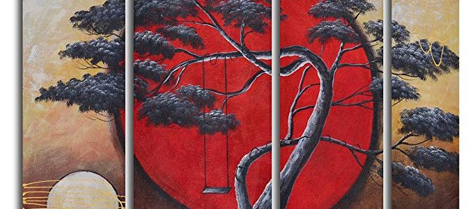 TJie Art Hand Painted Mordern Oil Paintings Crimson Sun / Midnight Moon 4-Piece Oil Painted Wall Art Set Asian-inspired modern painting in nature theme,set with differing canvas sizes,Gallery stretched over wooden frames for hanging Review