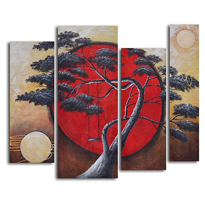 TJie Art Hand Painted Mordern Oil Paintings Crimson Sun / Midnight Moon 4-Piece Oil Painted Wall Art Set Asian-inspired modern painting in nature theme,set with differing canvas sizes,Gallery stretched over wooden frames for hanging