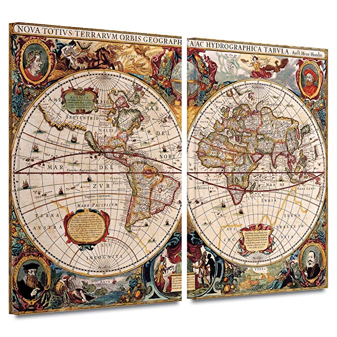 ArtWall Henricus Hondius 'A New and Accurate Map of the World' Gallery-Wrapped Canvas Artwork, 32 by 48-Inch