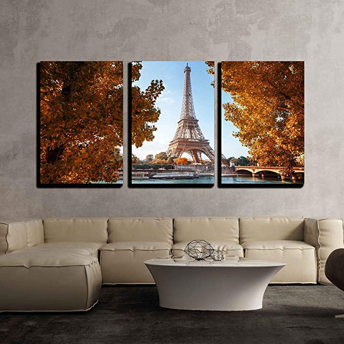 wall26 - 3 Piece Canvas Wall Art - Seine in Paris with Eiffel Tower in Autumn Time - Modern Home Decor Stretched and Framed Ready to Hang - 24