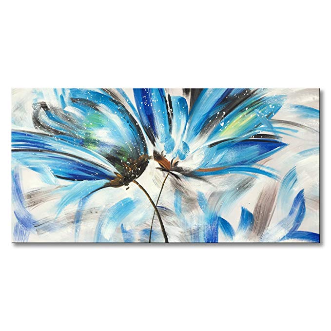 EVERFUN ART Everfun Hand Painted Blue Flower Oil Painting Canvas Wall ...